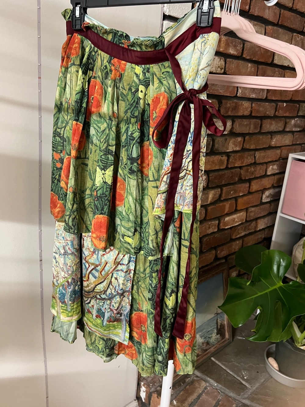 Van Gogh Print Green Botanical Print Tie-Waist Midi Skirt